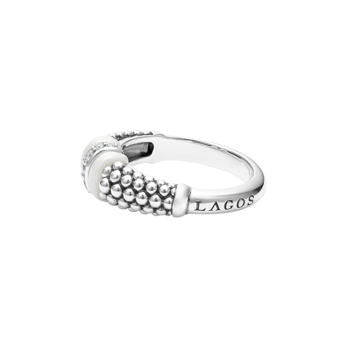LAGOS Diamond & White Ceramic Caviar Beaded Ring in Sterling Silver