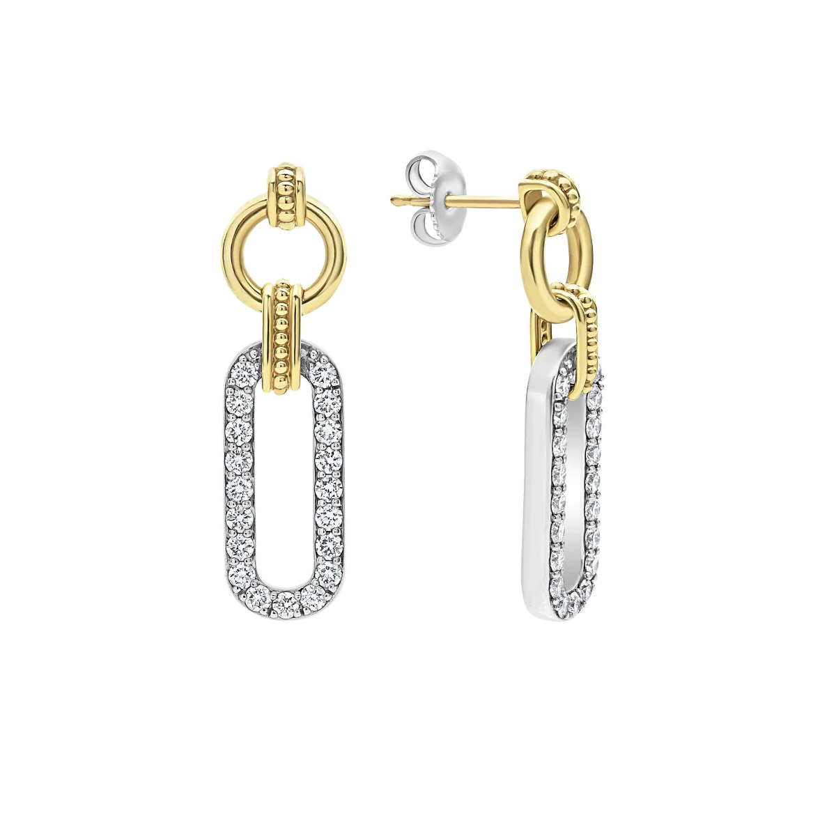 LAGOS Signature Caviar Diamond Drop Link Earrings in Yellow Gold & Sterling Silver