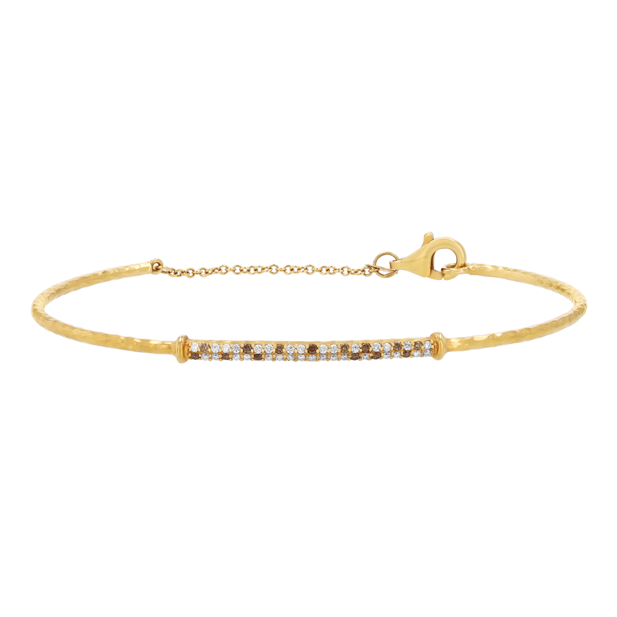Brown & White Diamond Pavé Bangle Bracelet in Hammered Yellow Gold
