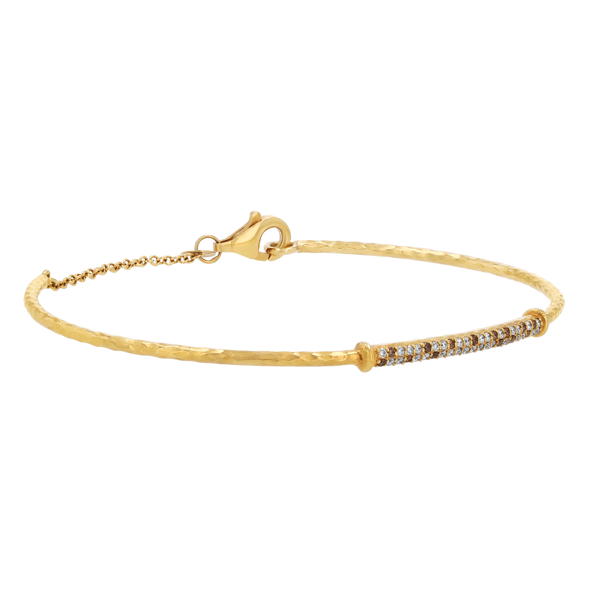 Brown & White Diamond Pavé Bangle Bracelet in Hammered Yellow Gold