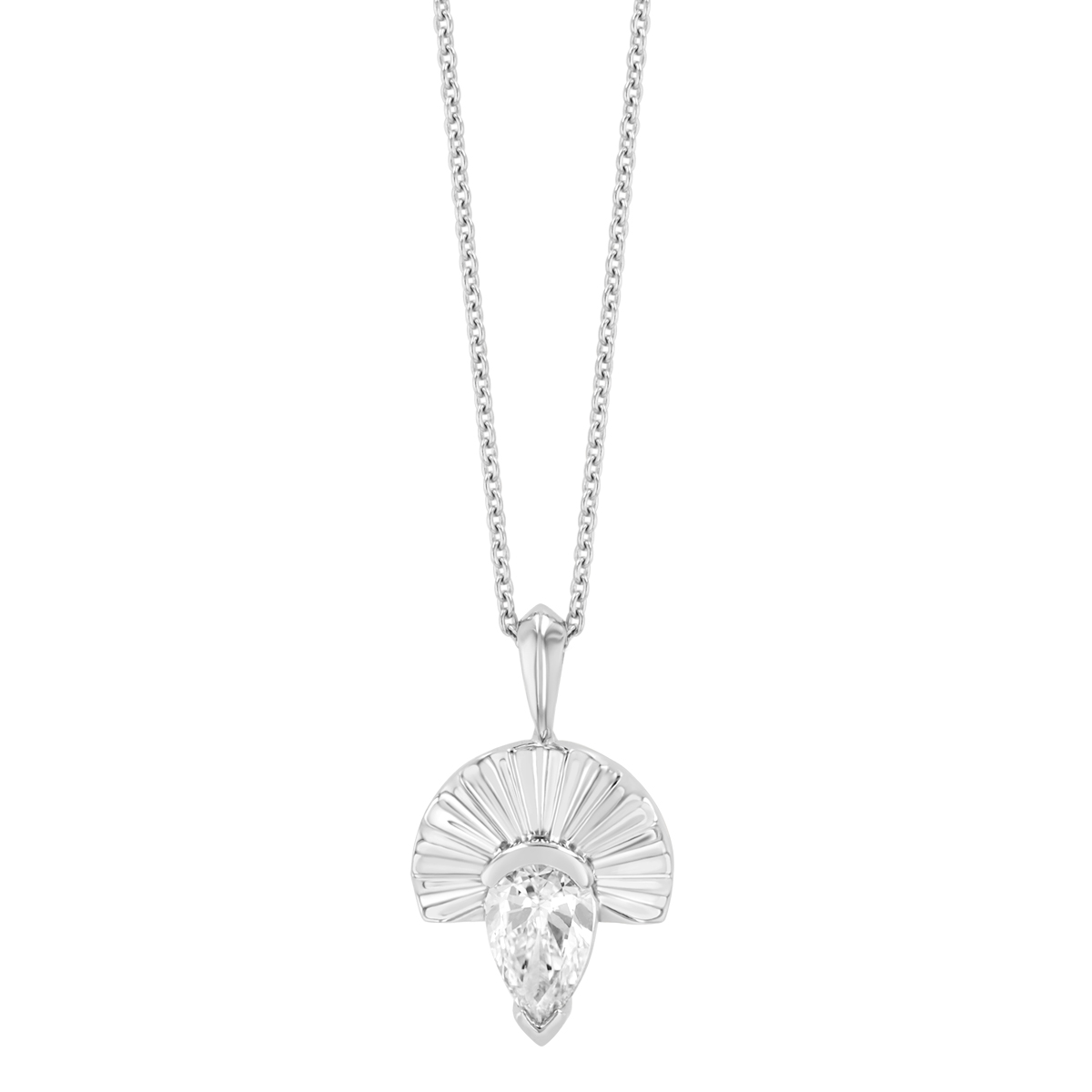 Split Bezel Set Pear Shape Diamond Fan Pendant in White Gold