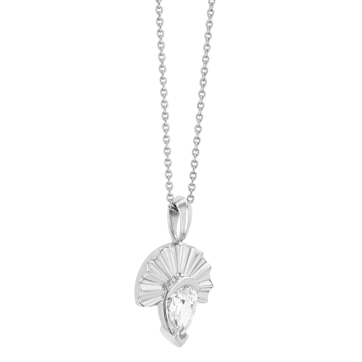 Split Bezel Set Pear Shape Diamond Fan Pendant in White Gold