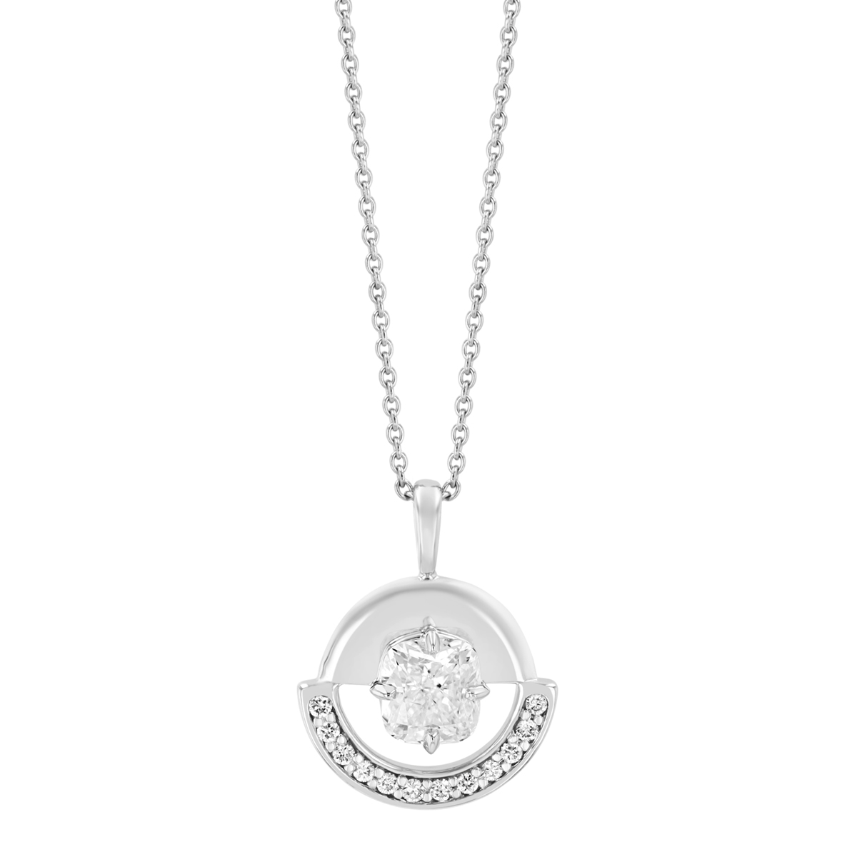 Cushion Cut Diamond & Half Open Disc Pendant in White Gold