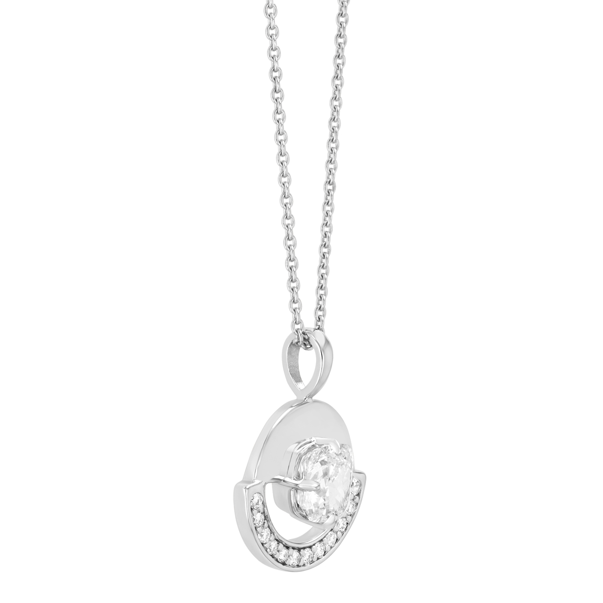 Cushion Cut Diamond & Half Open Disc Pendant in White Gold
