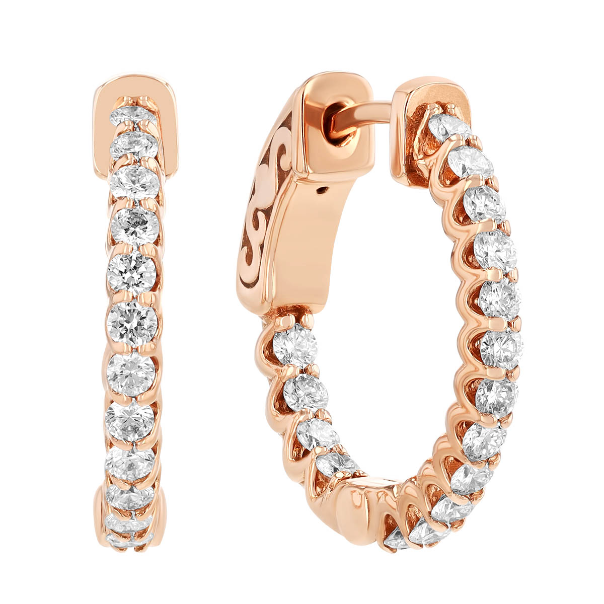 Round Diamond In & Out Hoop Earrings in Rose Gold, 0.65 aptw