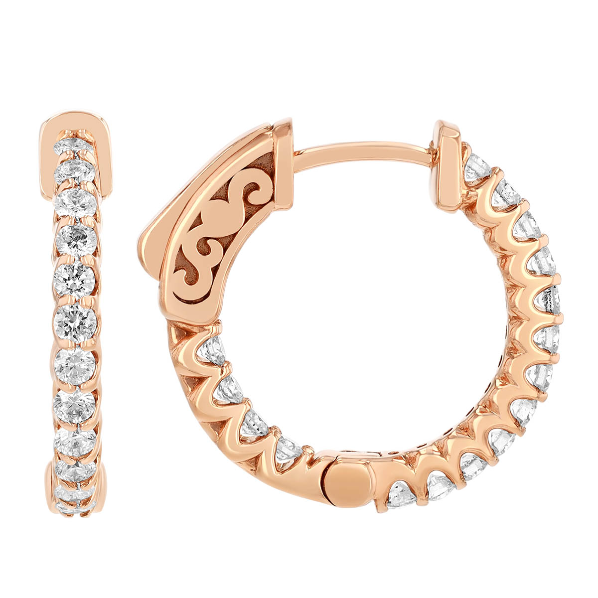 Round Diamond In & Out Hoop Earrings in Rose Gold, 0.65 aptw