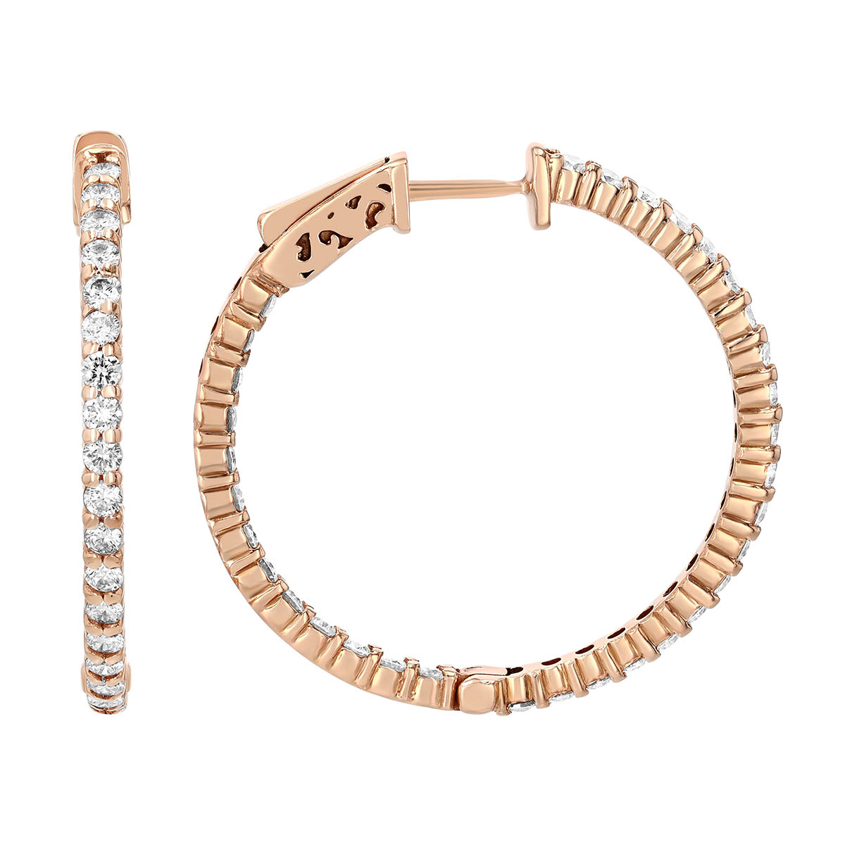 Round Diamond In & Out Hoop Earrings in Rose Gold, 1.95 aptw
