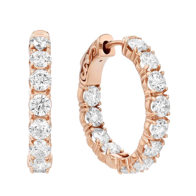 Round Diamond In & Out Hoop Earrings in Rose Gold, 3.50 aptw