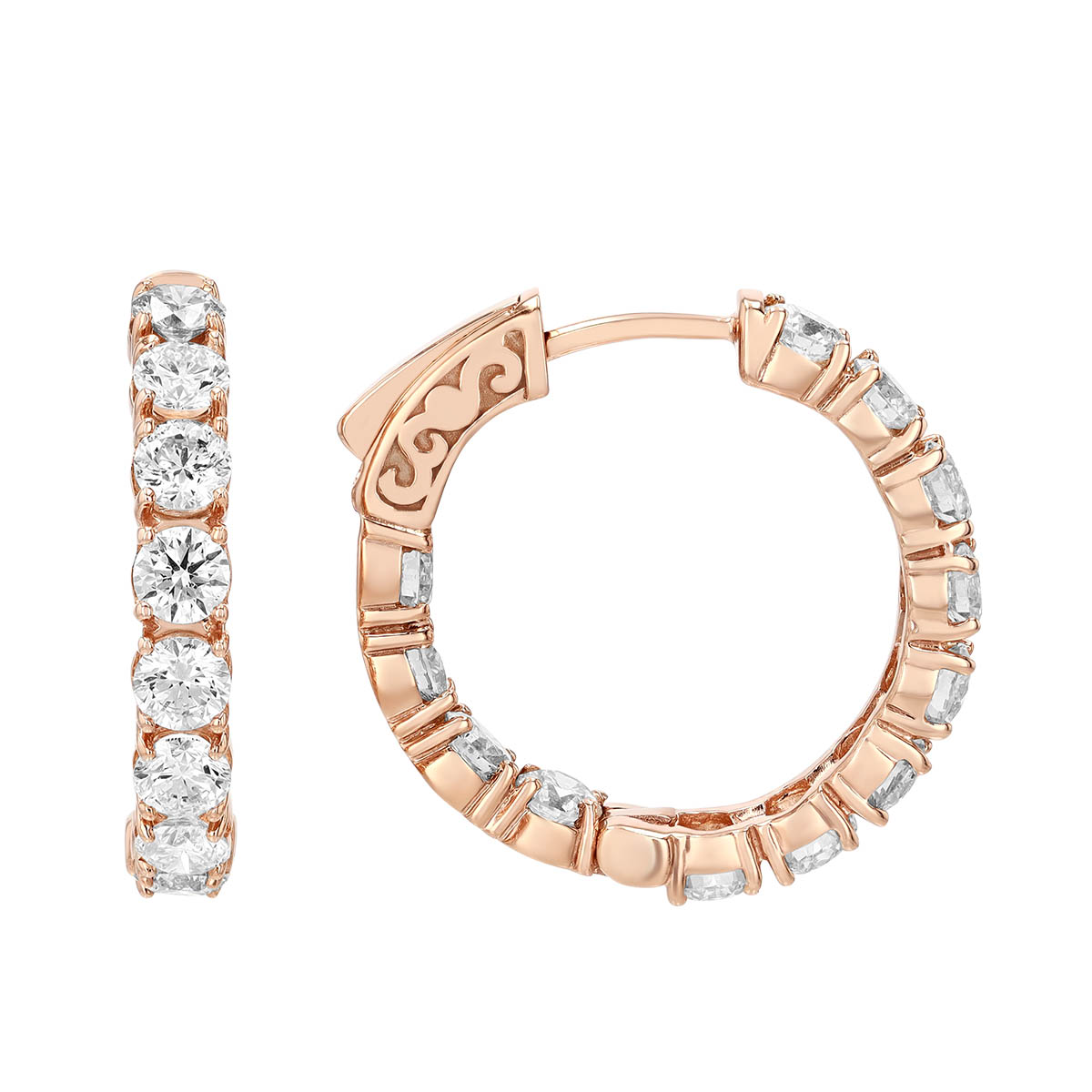 Round Diamond In & Out Hoop Earrings in Rose Gold, 3.50 aptw