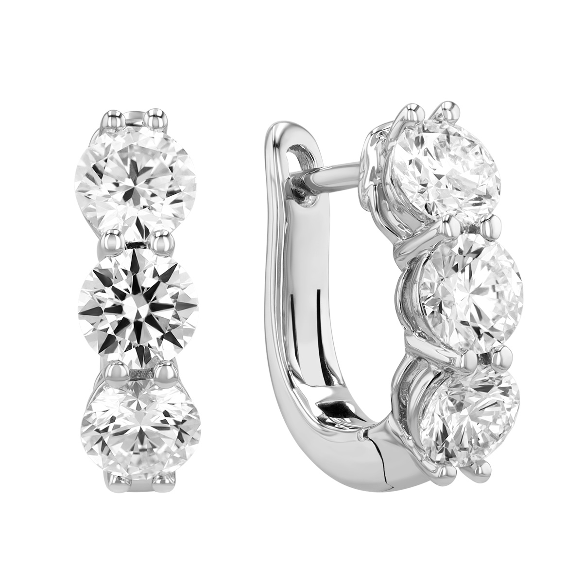 Round Diamond Trio Huggie Hoop Earrings in White Gold, 2.00 cttw