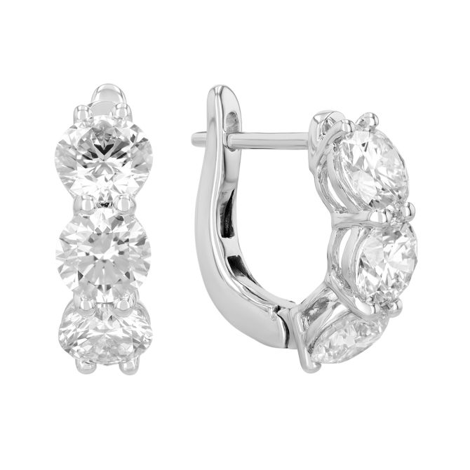 Round Diamond Trio Huggie Hoop Earrings in White Gold, 3.00 cttw