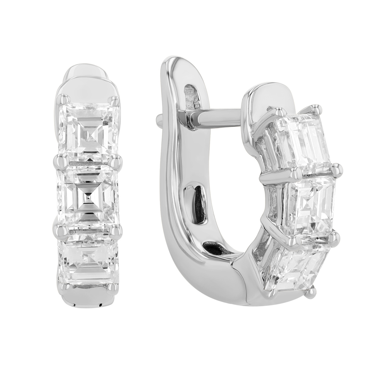 Asscher Cut Diamond Trio Huggie Hoop Earrings in White Gold, 1.10 cttw