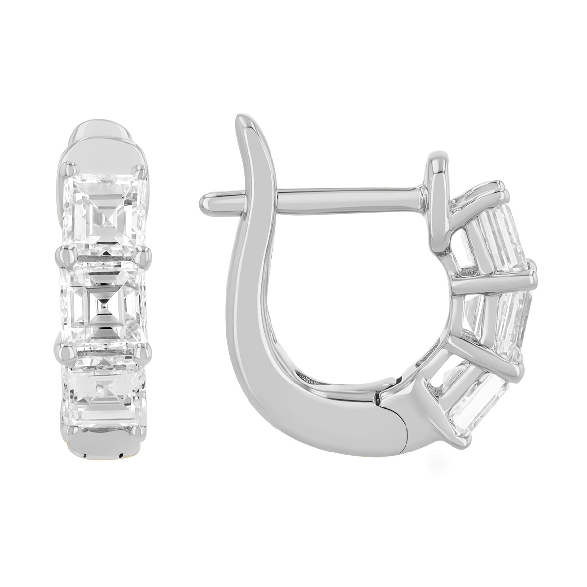 Asscher Cut Diamond Trio Huggie Hoop Earrings in White Gold, 1.10 cttw