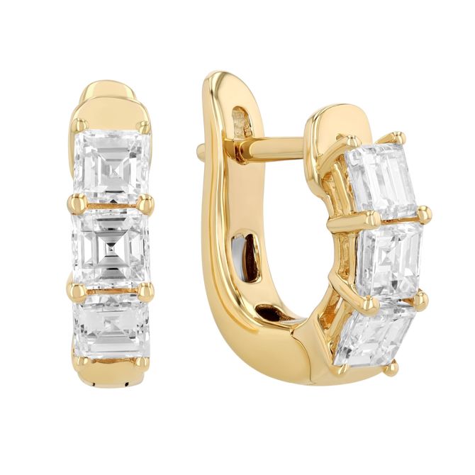 Asscher Cut Diamond Trio Huggie Hoop Earrings in Yellow Gold, 1.10 cttw