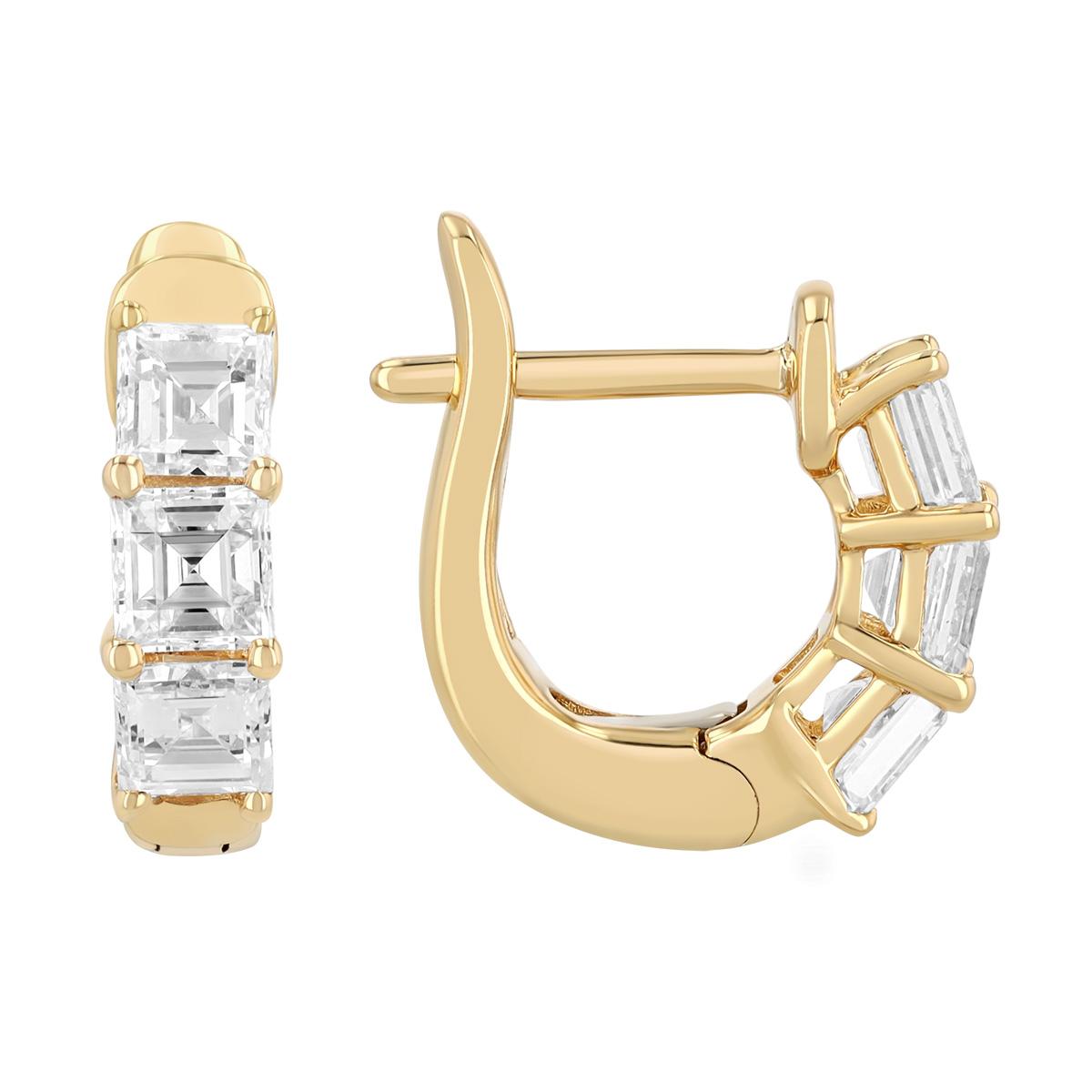 Asscher Cut Diamond Trio Huggie Hoop Earrings in Yellow Gold, 1.10 cttw
