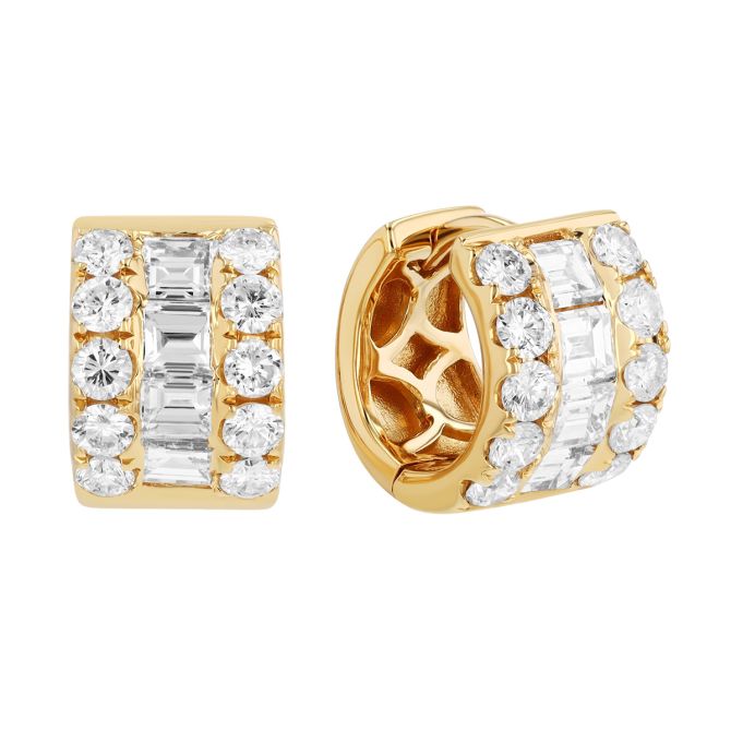 Multi-Shape Diamond 3 Row Wide Huggie Hoop Earrings in Yellow Gold