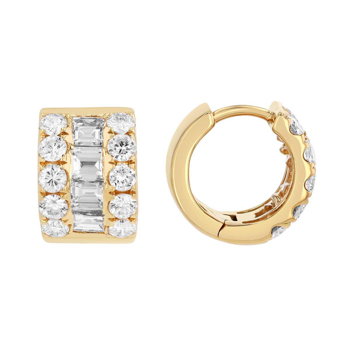 Multi-Shape Diamond 3 Row Wide Huggie Hoop Earrings in Yellow Gold