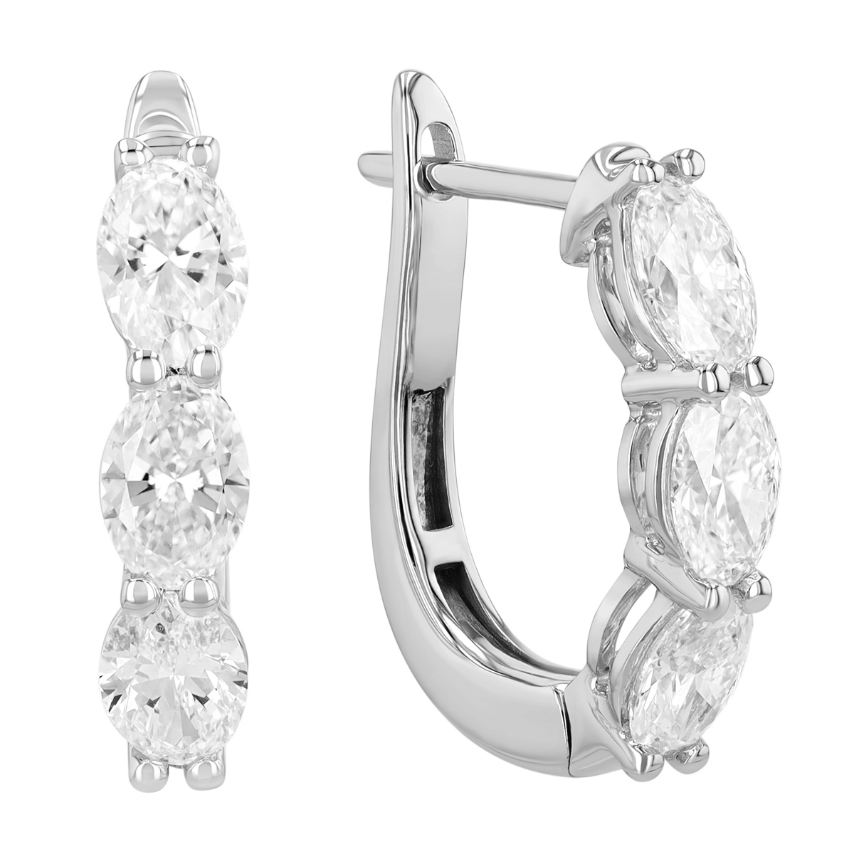 Oval Diamond Trio Huggie Hoop Earrings in White Gold, 1.90 cttw