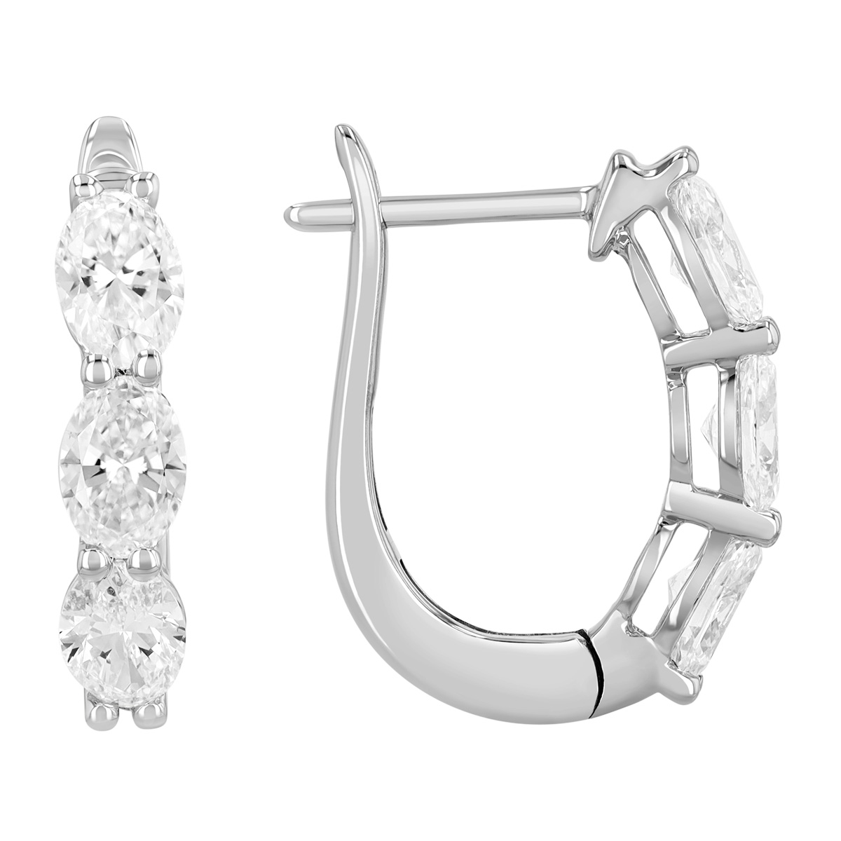 Oval Diamond Trio Huggie Hoop Earrings in White Gold, 1.90 cttw