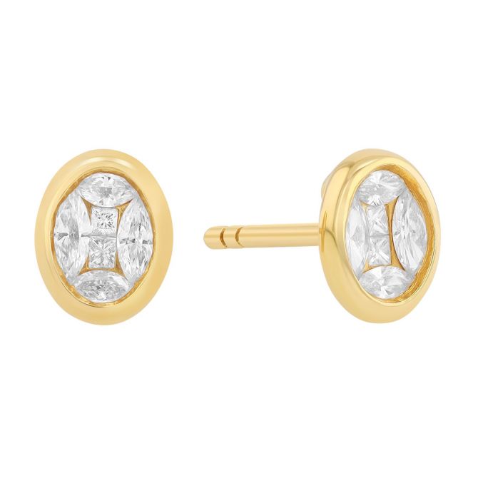 Diamond Cluster Oval Bezel Stud Earrings in Yellow Gold