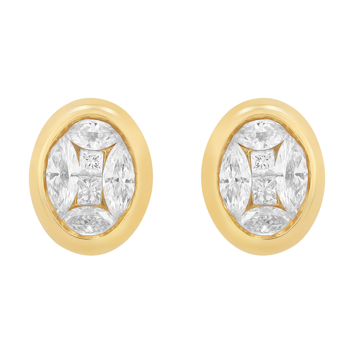 Diamond Cluster Oval Bezel Stud Earrings in Yellow Gold