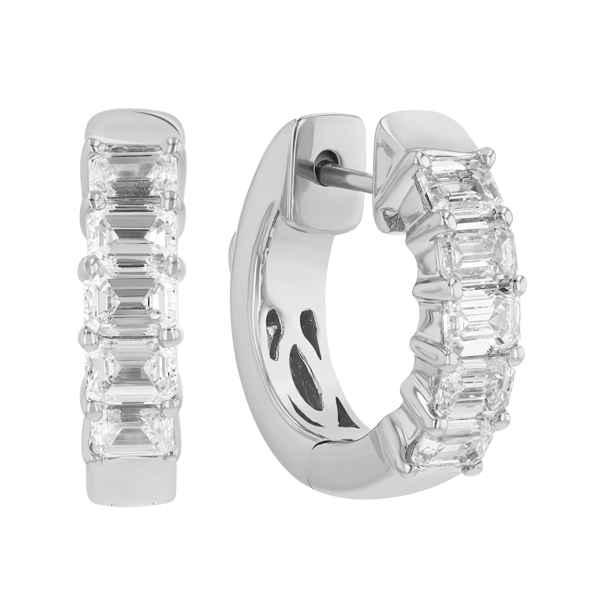 Emerald Cut Diamond Huggie Hoop Earrings in White Gold, 1.50 cttw