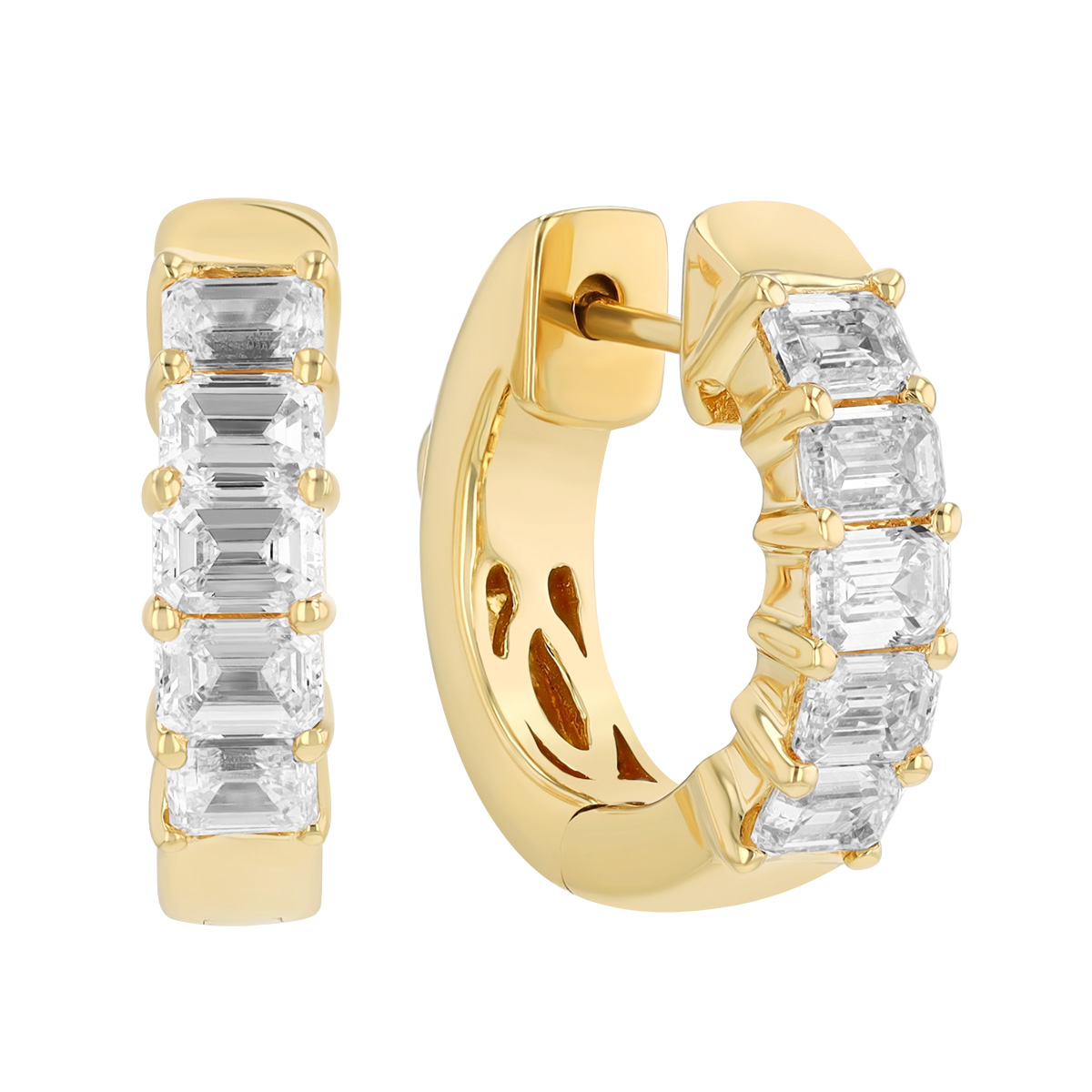 Emerald Cut Diamond Huggie Hoop Earrings in Yellow Gold, 1.50 cttw