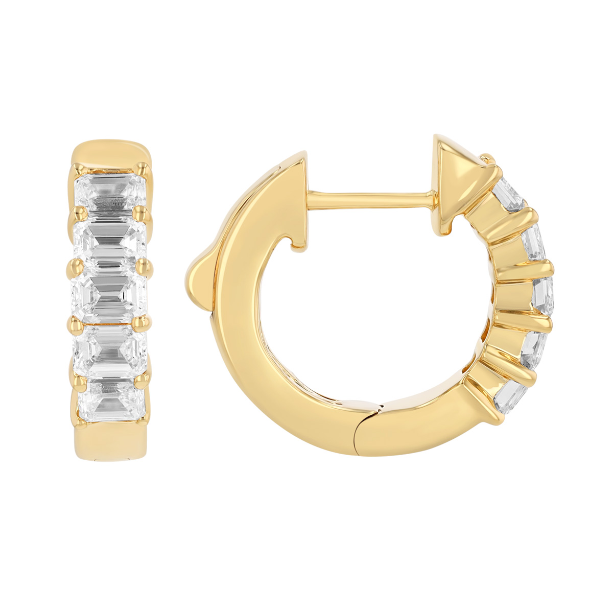 Emerald Cut Diamond Huggie Hoop Earrings in Yellow Gold, 1.50 cttw