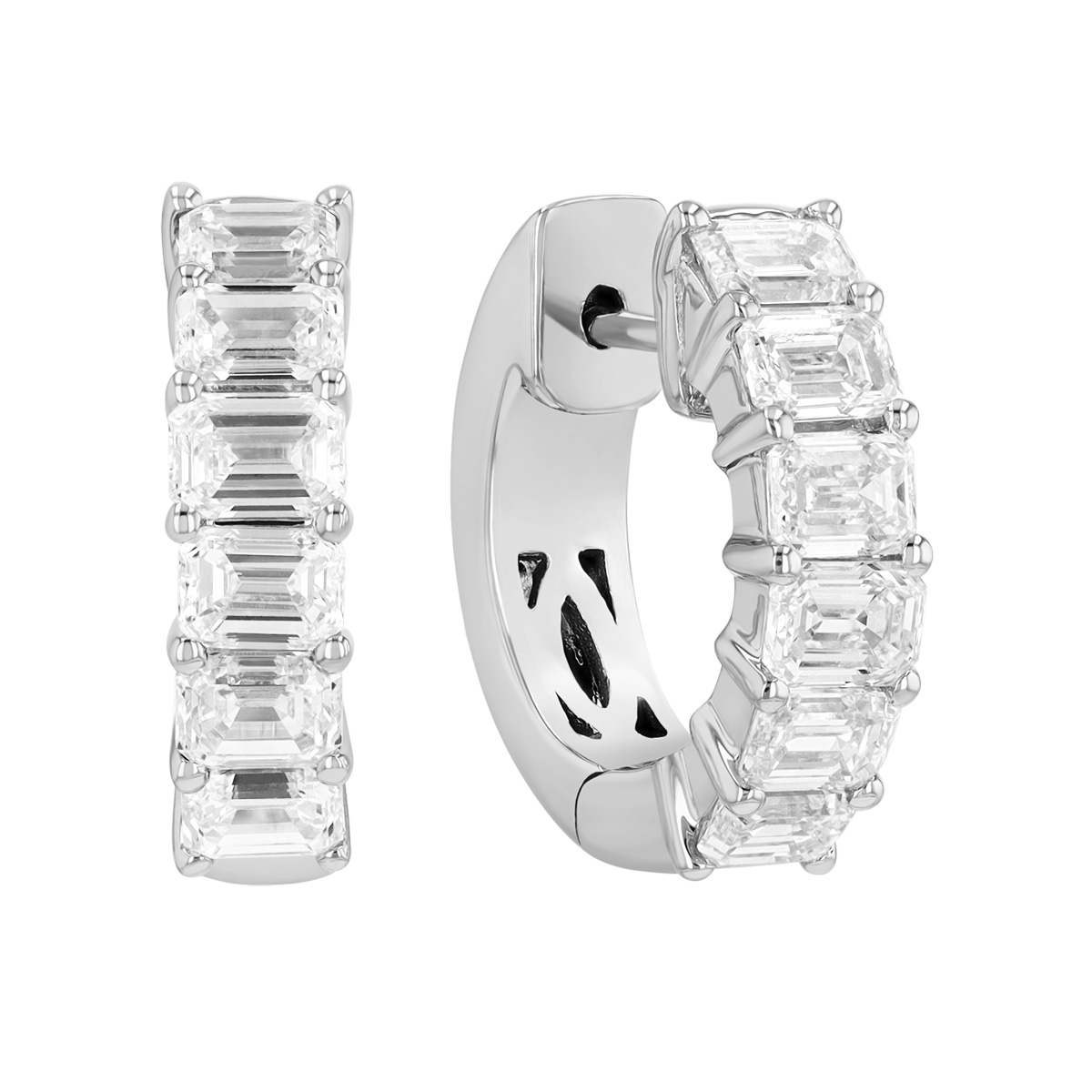 Emerald Cut Diamond Huggie Hoop Earrings in White Gold, 2.25 cttw