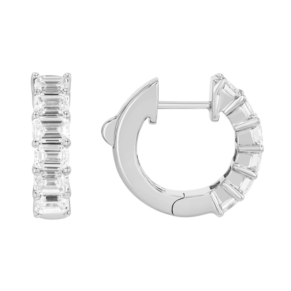 Emerald Cut Diamond Huggie Hoop Earrings in White Gold, 2.25 cttw