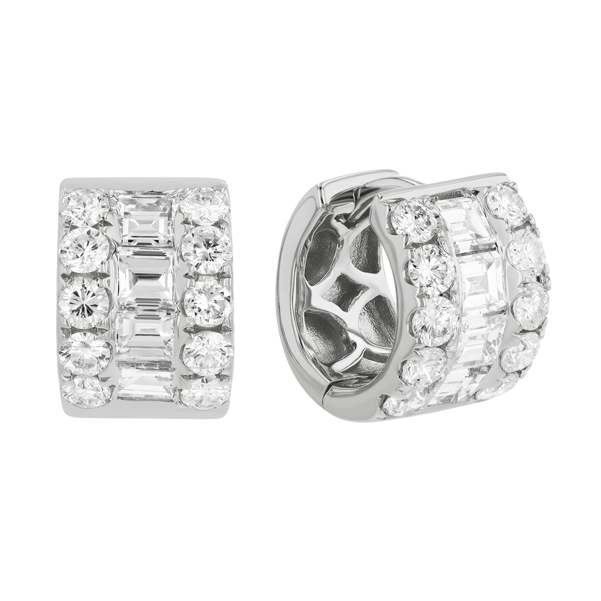 Multi-Shape Diamond 3 Row Wide Huggie Hoop Earrings in White Gold