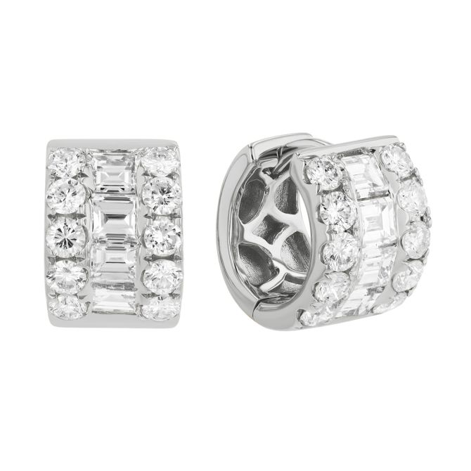 Multi-Shape Diamond 3 Row Wide Huggie Hoop Earrings in White Gold