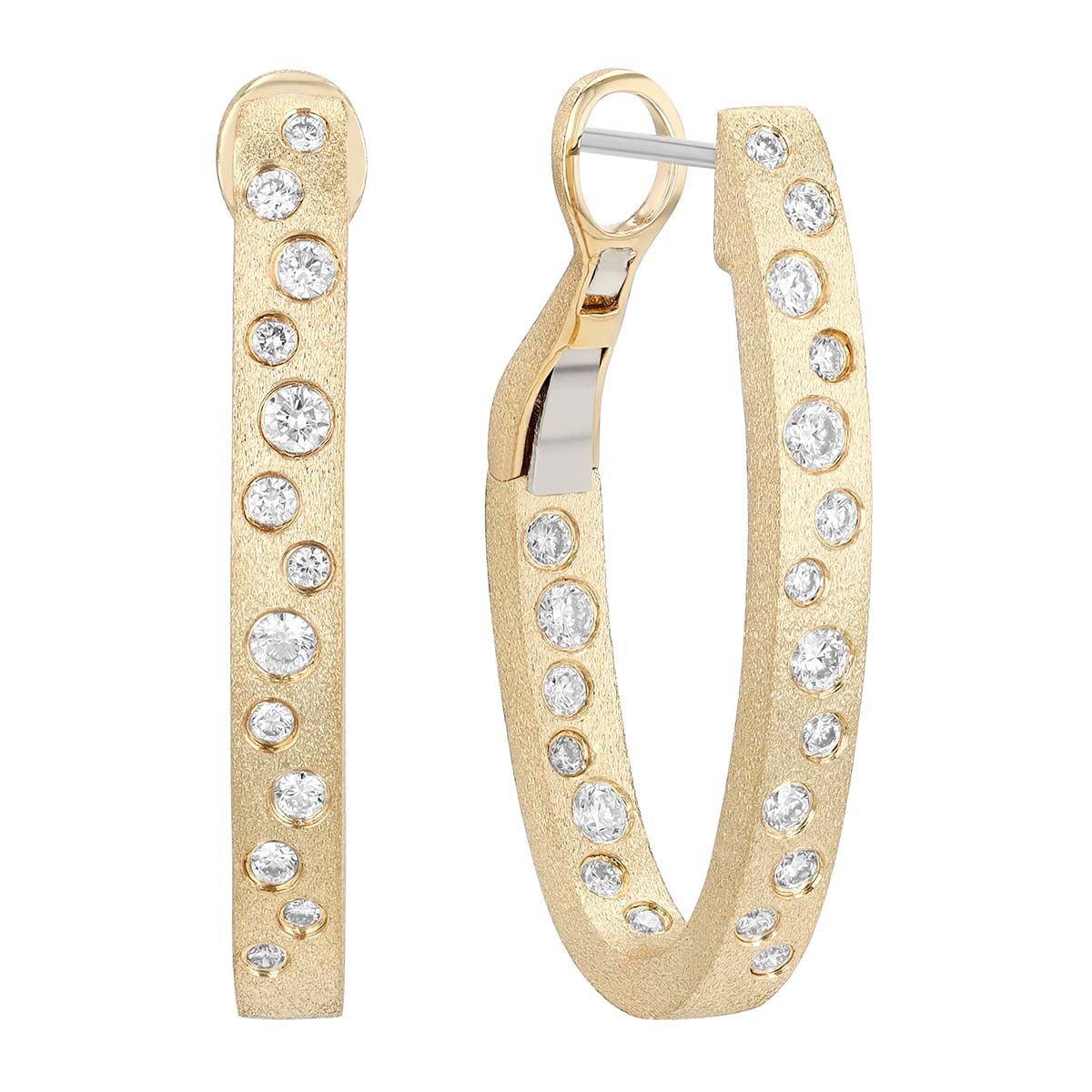 Flush Set Diamond In & Out Hoop Earrings in Satin Yellow Gold