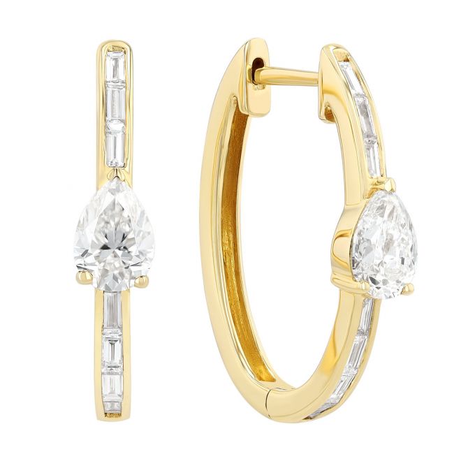 Pear & Baguette Diamond Oval Hoop Earrings in Yellow Gold