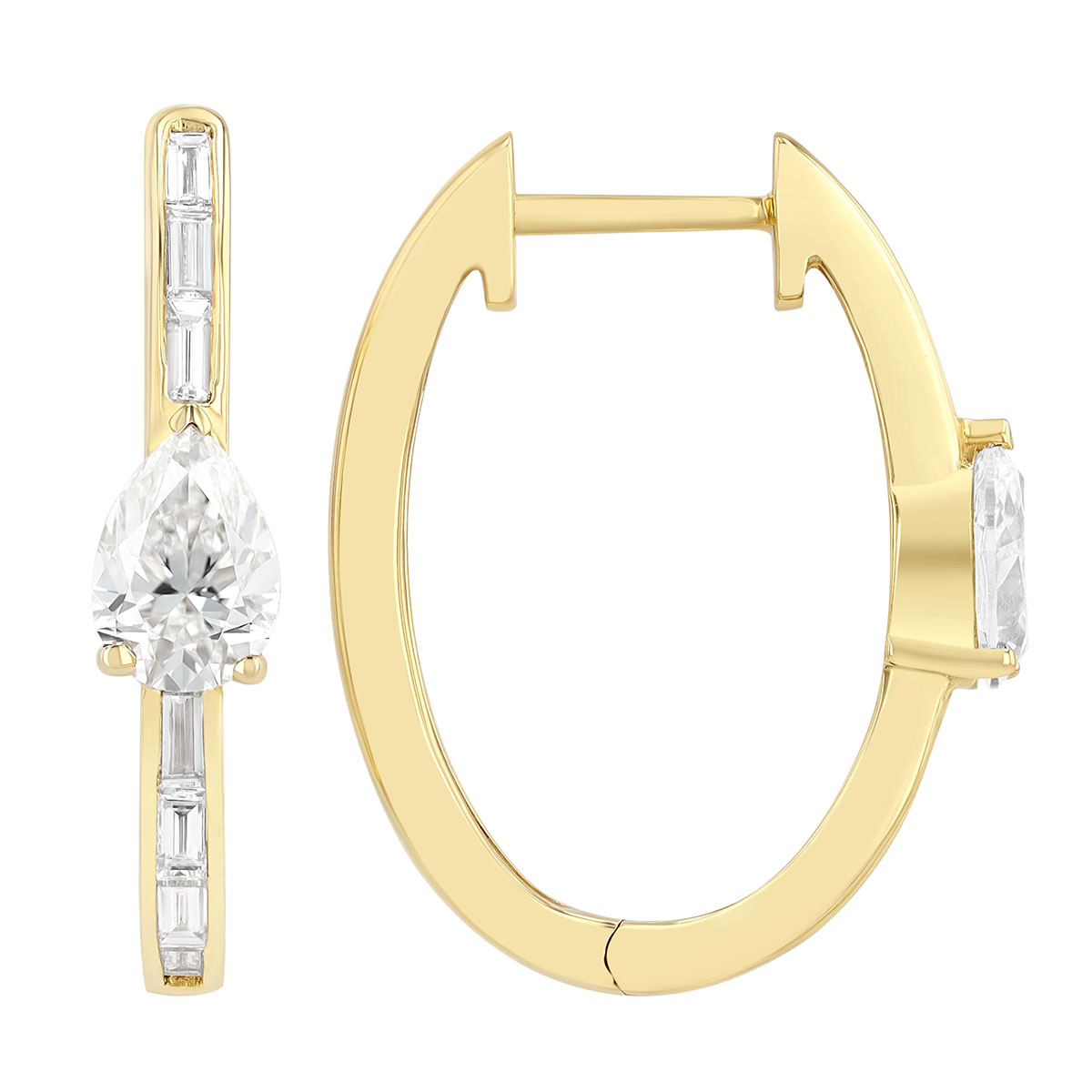 Pear & Baguette Diamond Oval Hoop Earrings in Yellow Gold