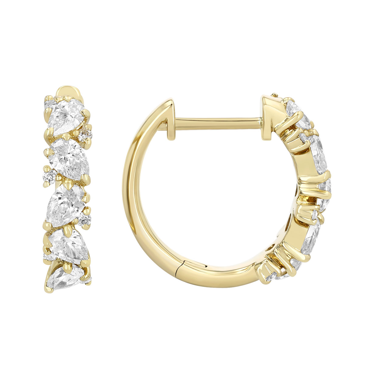Pear & Round Diamond Huggie Hoop Earrings in Yellow Gold, 15.8 mm