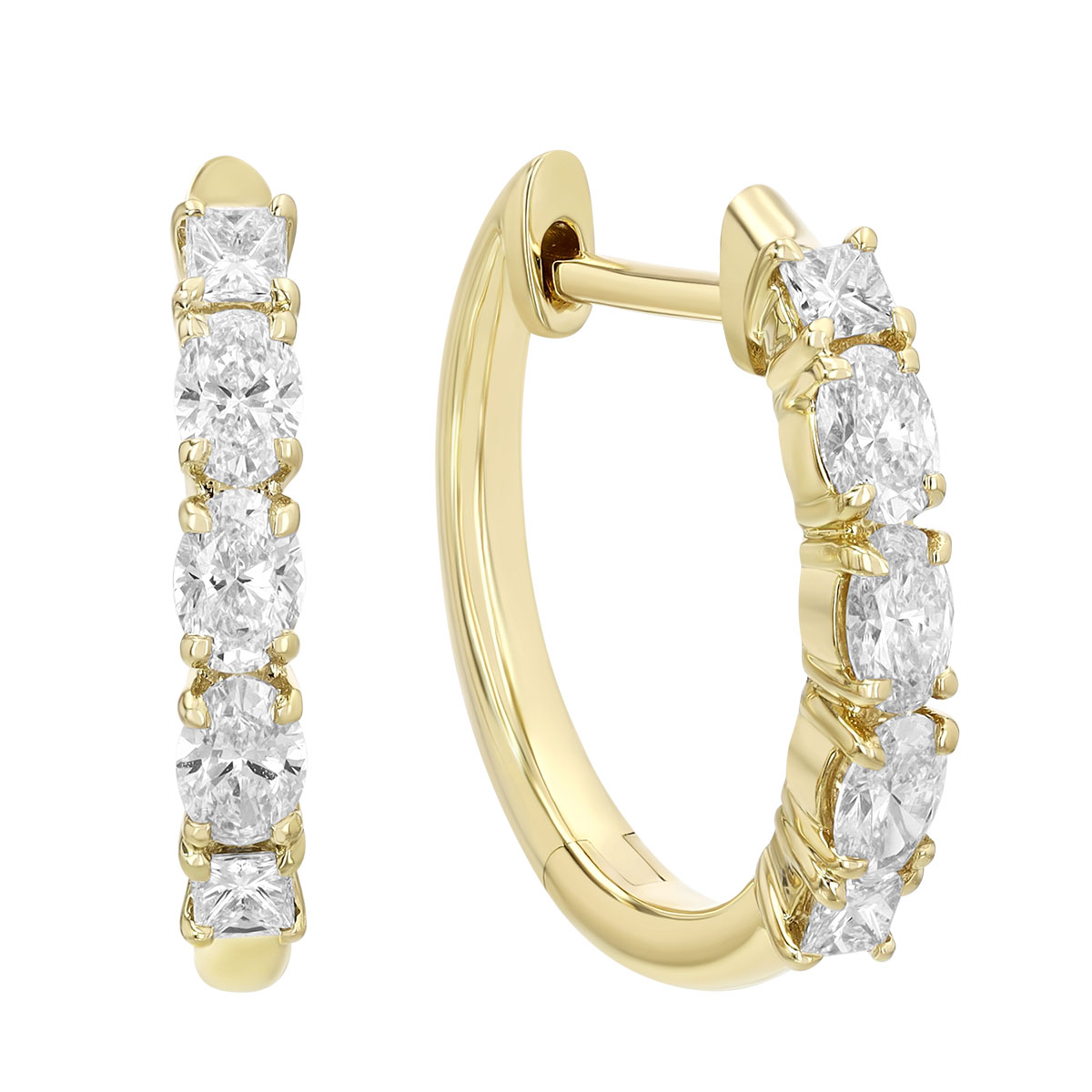 Oval & Round Diamond Huggie Hoop Earrings in Yellow Gold, 15.8 mm