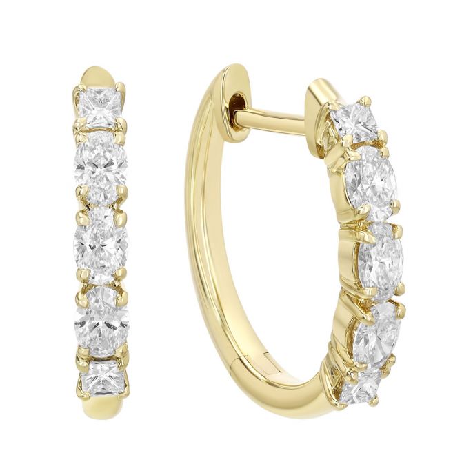 Oval & Round Diamond Huggie Hoop Earrings in Yellow Gold, 15.8 mm