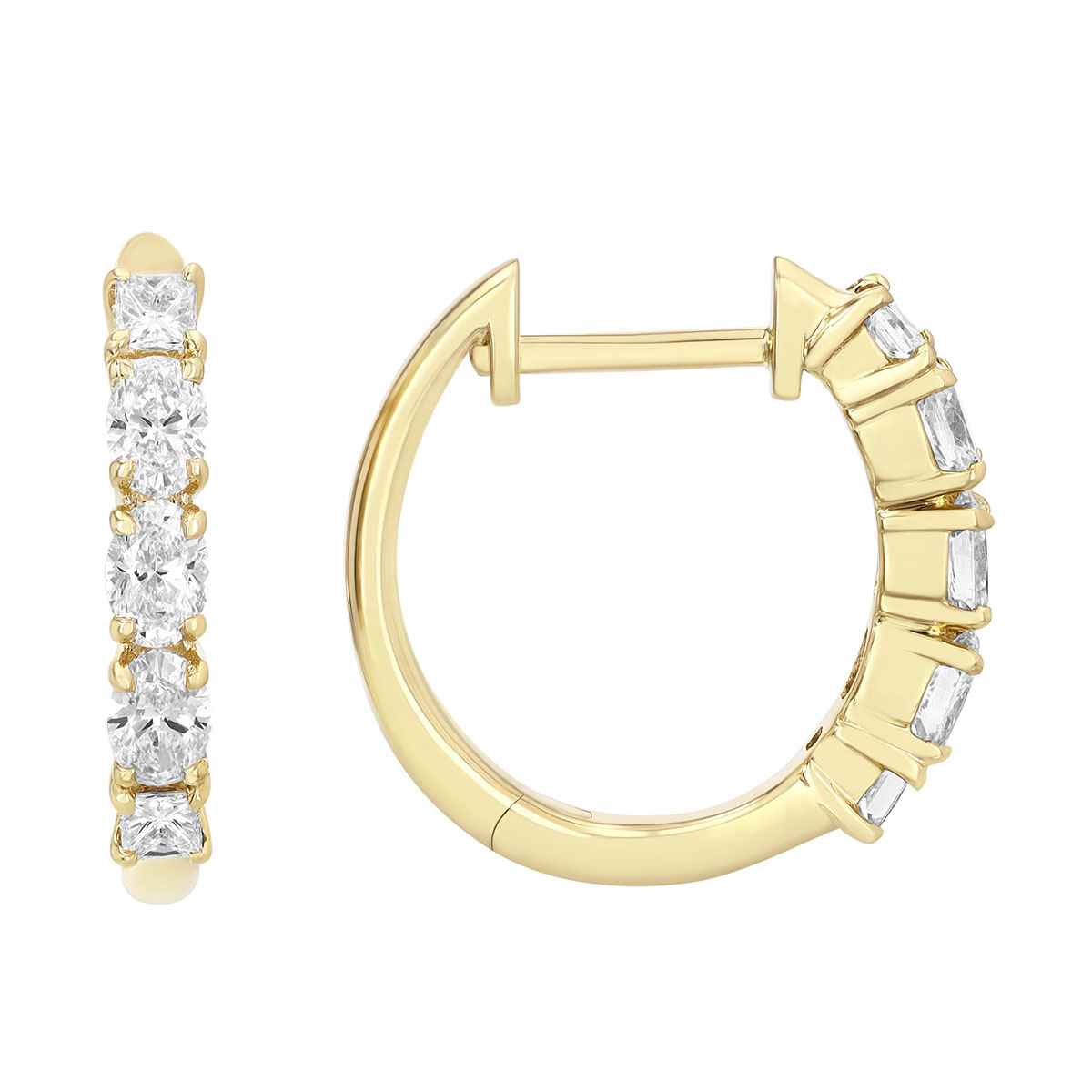 Oval & Round Diamond Huggie Hoop Earrings in Yellow Gold, 15.8 mm