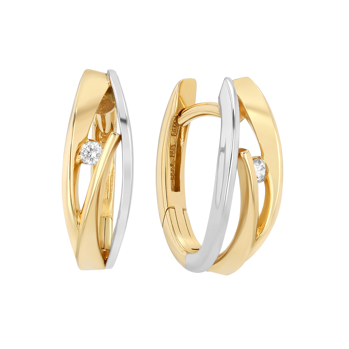 Two Tone Swirl Huggie Hoop Earrings with Diamond Accent