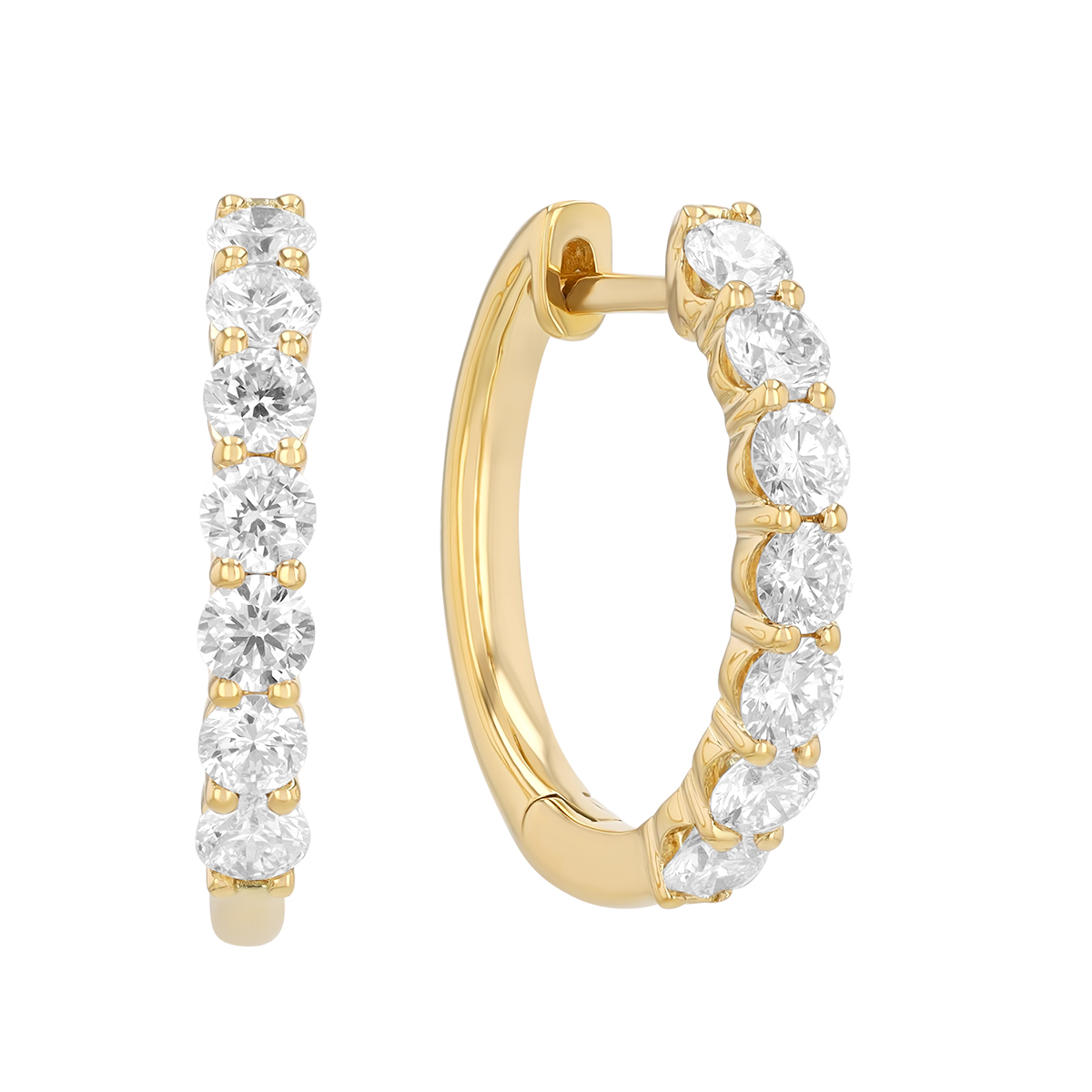 Diamond Shared Prong Huggie Hoop Earrings in Yellow Gold, 1.00 cttw