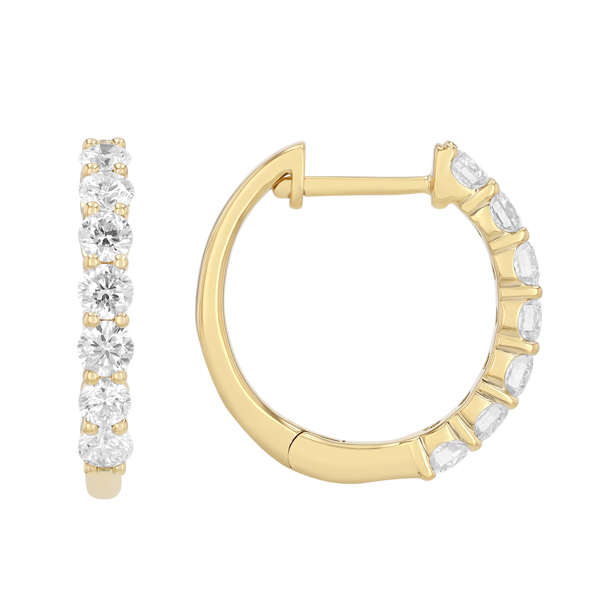 Diamond Shared Prong Huggie Hoop Earrings in Yellow Gold, 1.00 cttw