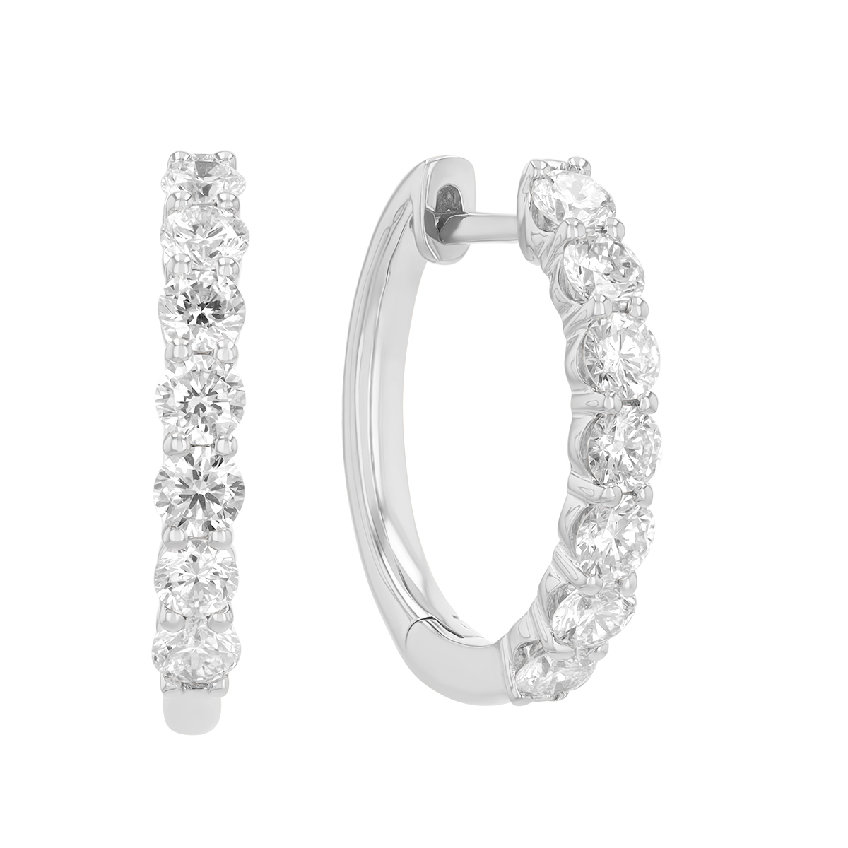 Diamond Shared Prong Huggie Hoop Earrings in White Gold, 1.00 cttw