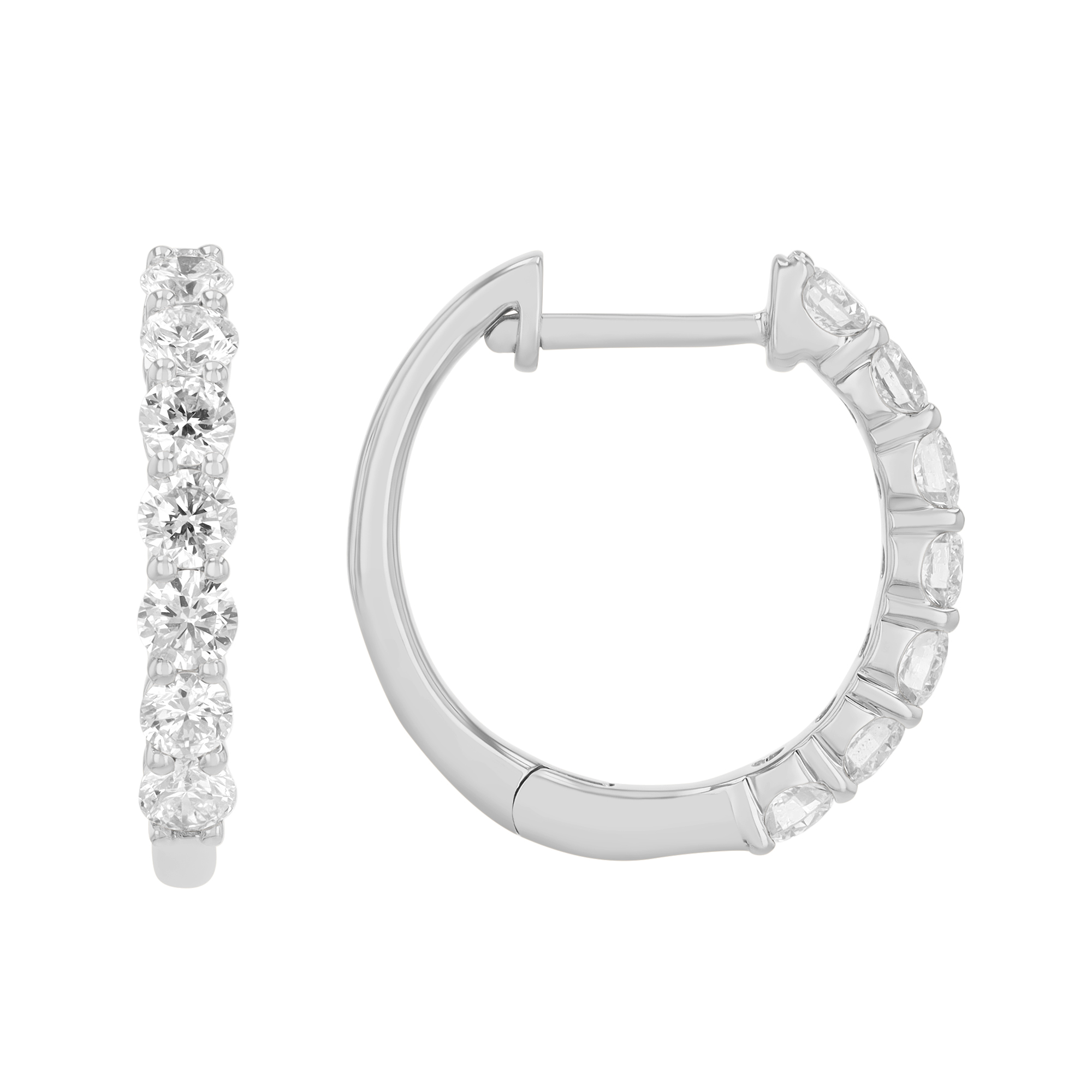 Diamond Shared Prong Huggie Hoop Earrings in White Gold, 1.00 cttw