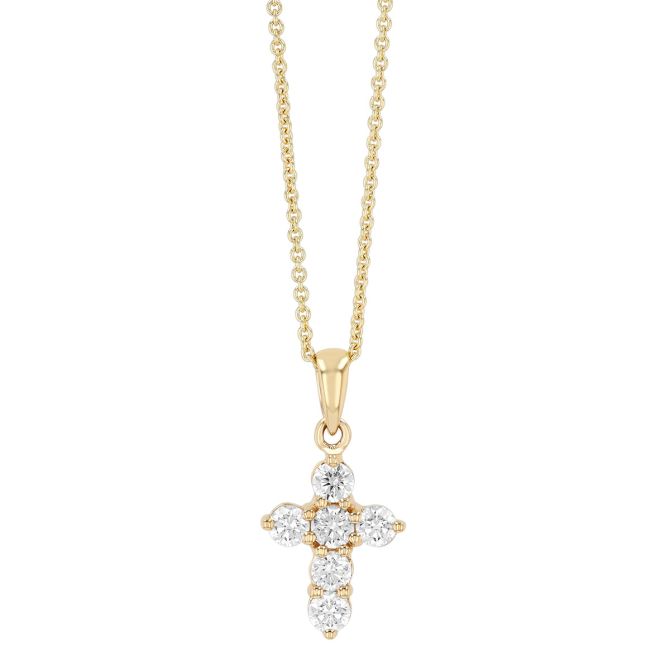 Dainty Diamond Cross Pendant in Yellow Gold, 18", 0.37 cttw