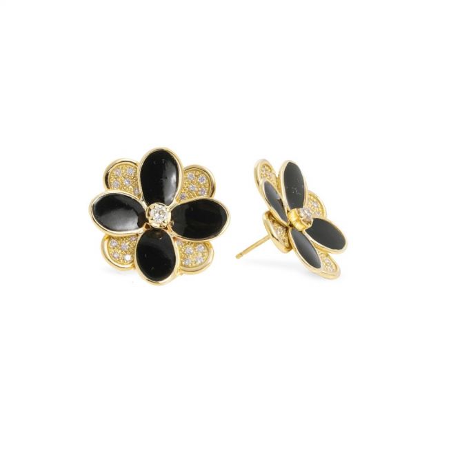 Marco Bicego Petali 18K Yellow Gold Black Enamel and Diamond Pavé Stud Earrings