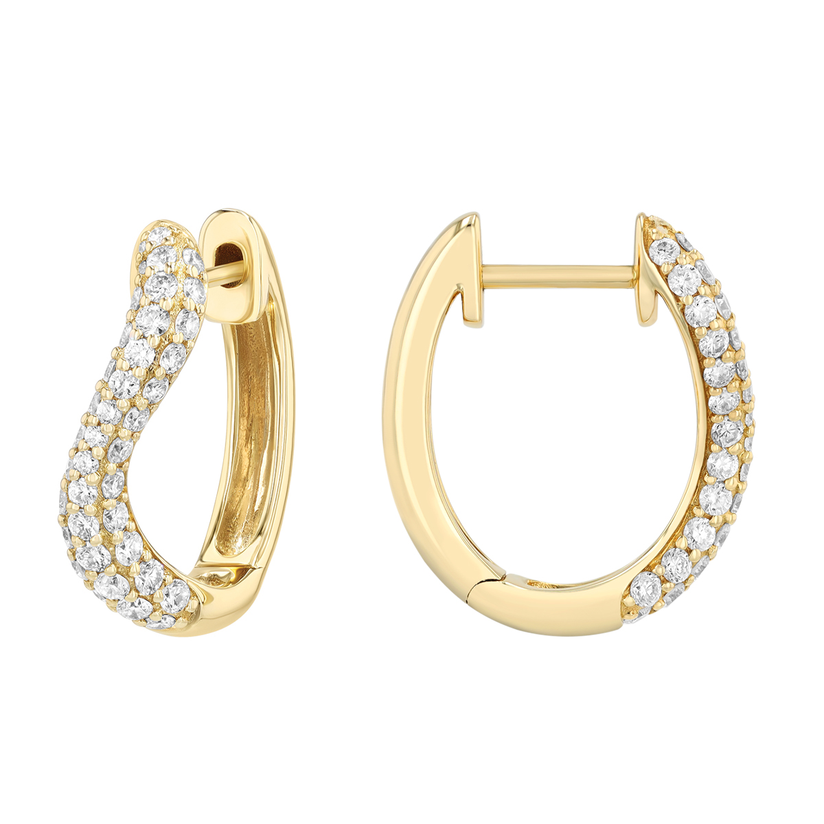Diamond Pavé Wavy Hoop Earrings in Yellow Gold