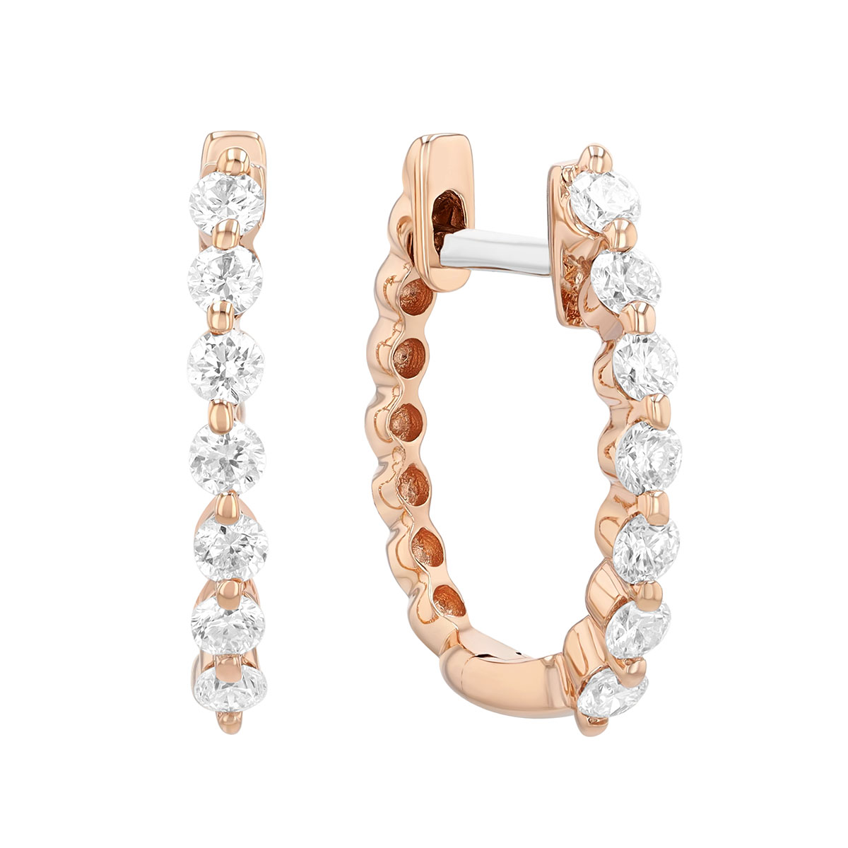 Round Diamond Shared Prong Huggie Hoop Earrings in Rose Gold