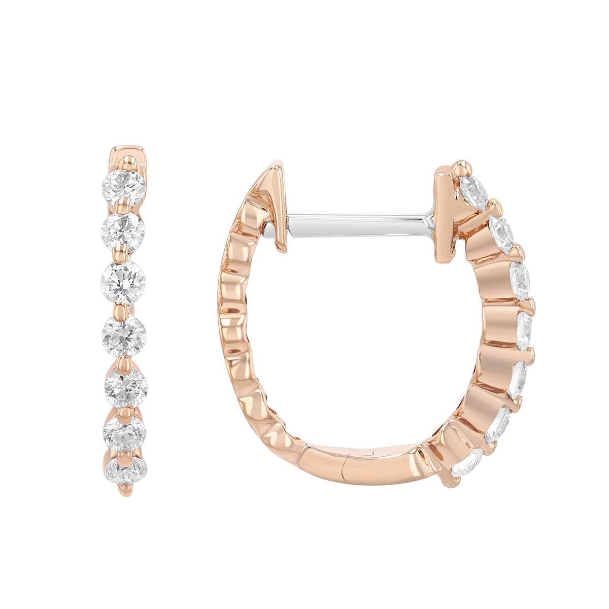 Round Diamond Shared Prong Huggie Hoop Earrings in Rose Gold