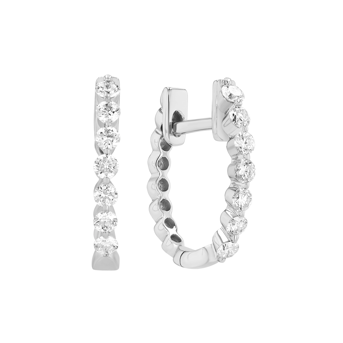Round Diamond Huggie Hoop Earrings in White Gold, 14 mm, 0.29 cttw